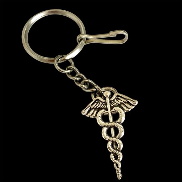 Silver Caduceus Keychain Keyring Medical Nursing Gift MD RN LPN DO ARNP - Picture 2 of 8